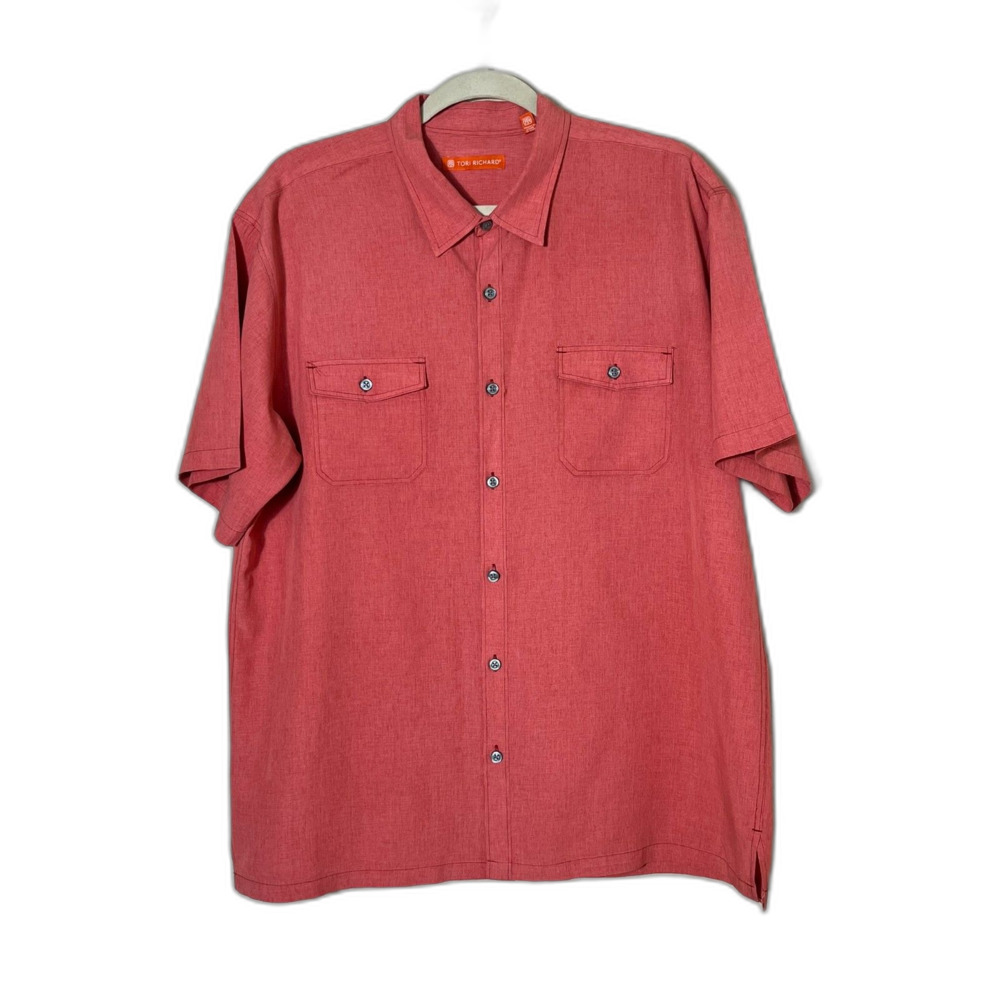 Tori Richard Salmon Button Down Short Sleeved Pocket Hawaii Polynosic Rayon XL